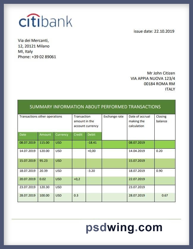 Italy Citibank Bank Statement (Word)